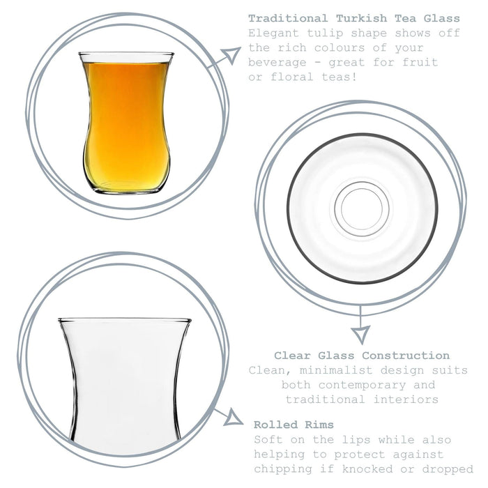 115ml Klasik Glass Turkish Tea Cups & Saucers - 6 Sets