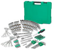Mechanical tool set with green case on a white background