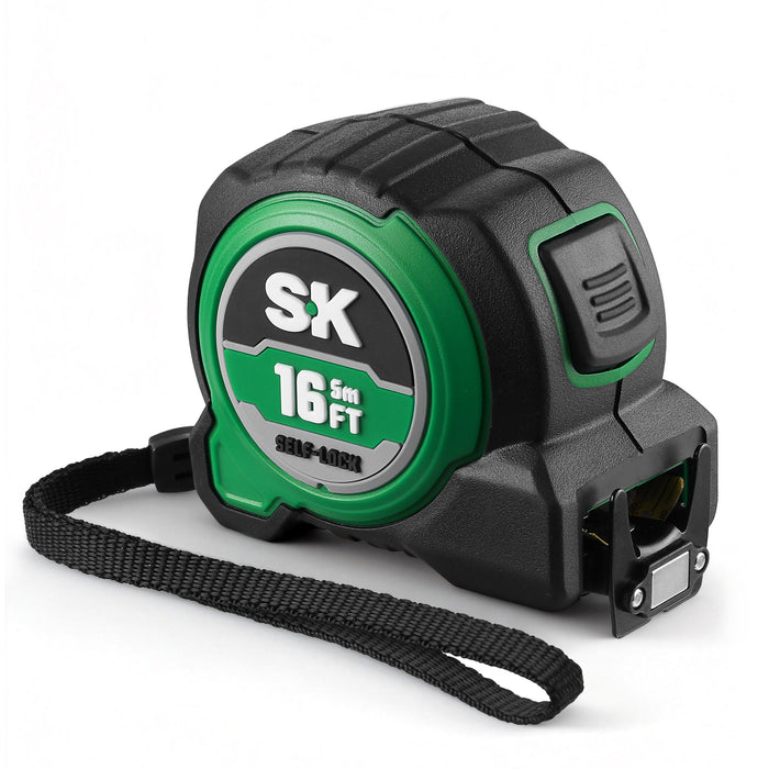 Black and green tape measure with 'SK' branding on a white background