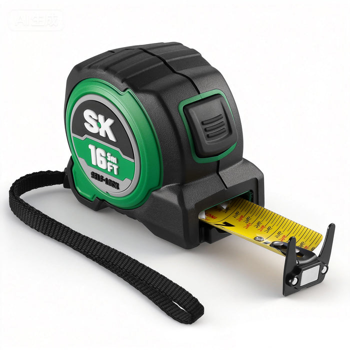 Black and green tape measure with yellow measuring scale on a white background