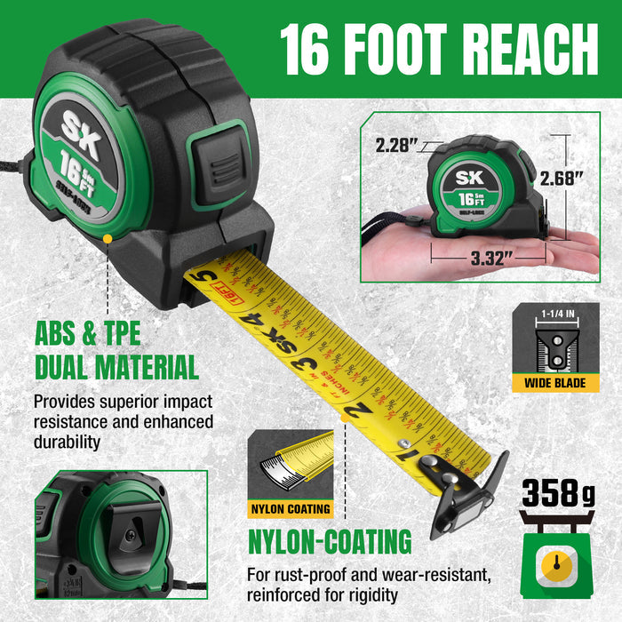 Tape measure with green and black casing and yellow measuring tape, showing features like '16 Foot Reach' and 'ABS & TPE Dual Material'.