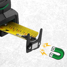 Close-up of a tape measure with a magnetic attachment on a light gray background