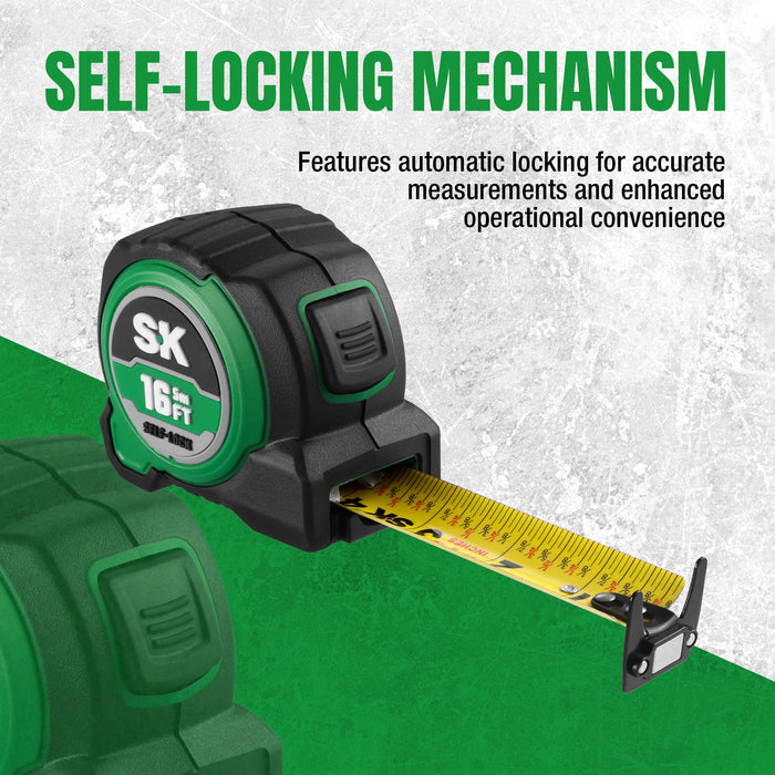 Green tape measure with self-locking mechanism on a textured background