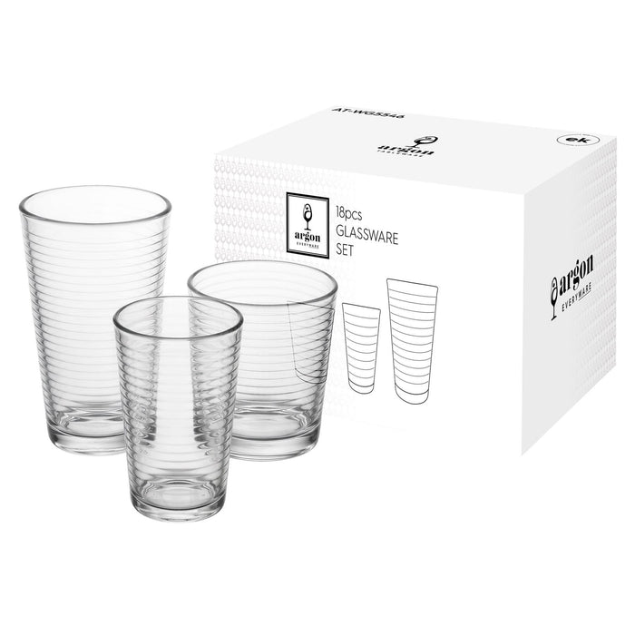 18 Piece Ribbed Glass Tumbler Set - 3 Sizes - Clear