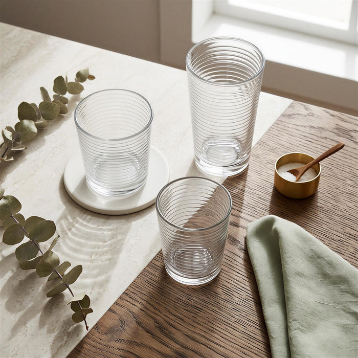 18 Piece Ribbed Glass Tumbler Set - 3 Sizes - Clear