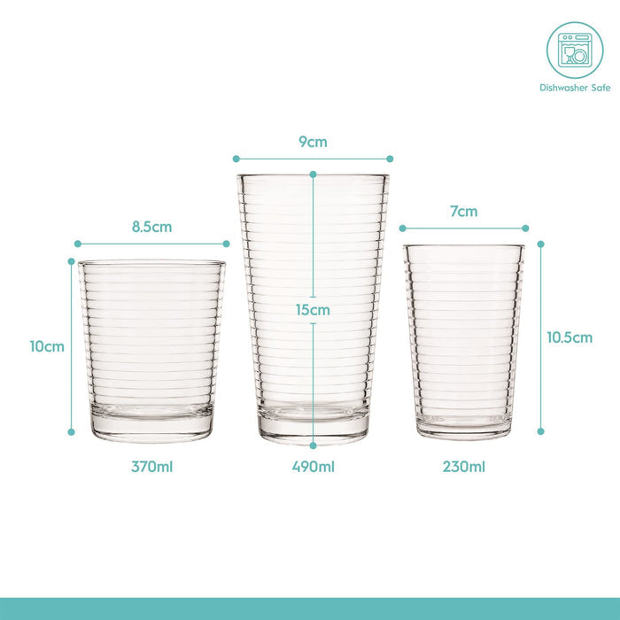 18 Piece Ribbed Glass Tumbler Set - 3 Sizes - Clear