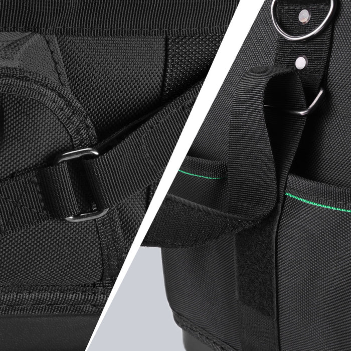 18" Tool Tote Bag, #SK03406 SK Tools USA, LLC tote bag black with green trim, padded organizer compartments and loops.