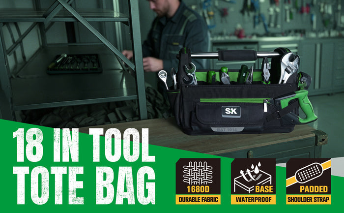 18" Tool Tote Bag, #SK03406 SK Tools USA, LLC tote bag black with green trim durable fabric