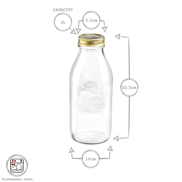 1L Quattro Stagioni Glass Bottles with Screw Top Lid - Pack of 3