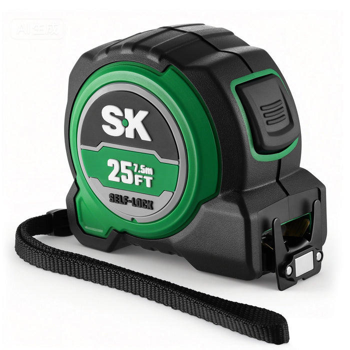 Black and green tape measure with 'SK' branding on a white background