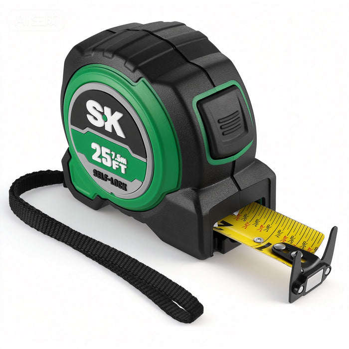 Black and green tape measure with yellow measuring scale on a white background