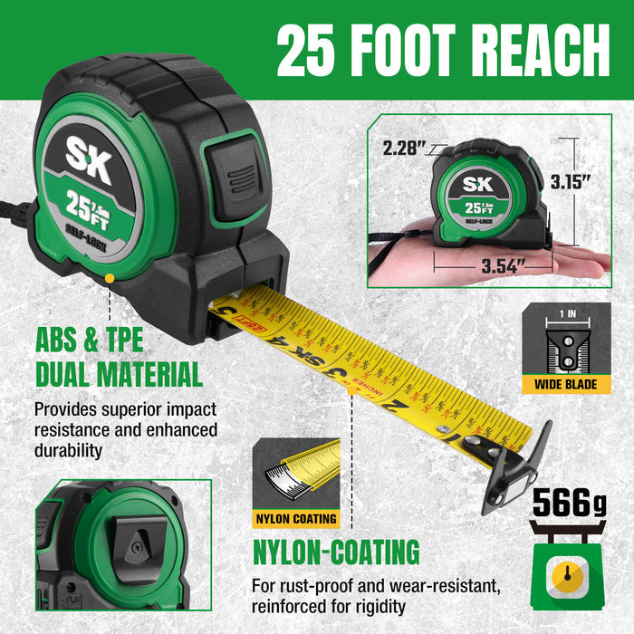 Green tape measure with 25-foot reach, ABS & TPE dual material, and nylon coating features.