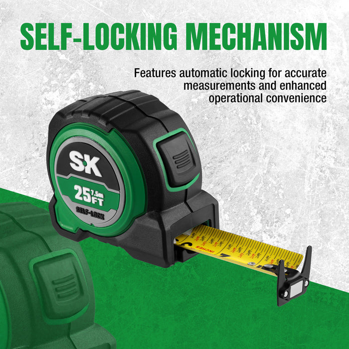 SK tape measure with self-locking mechanism on a green and gray background
