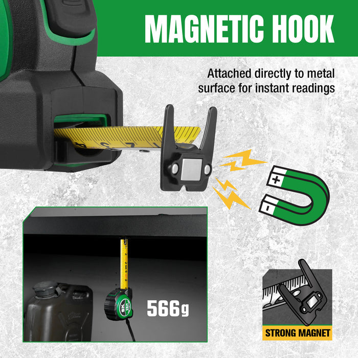 Magnetic hook attached to a digital scale with text explaining its use.