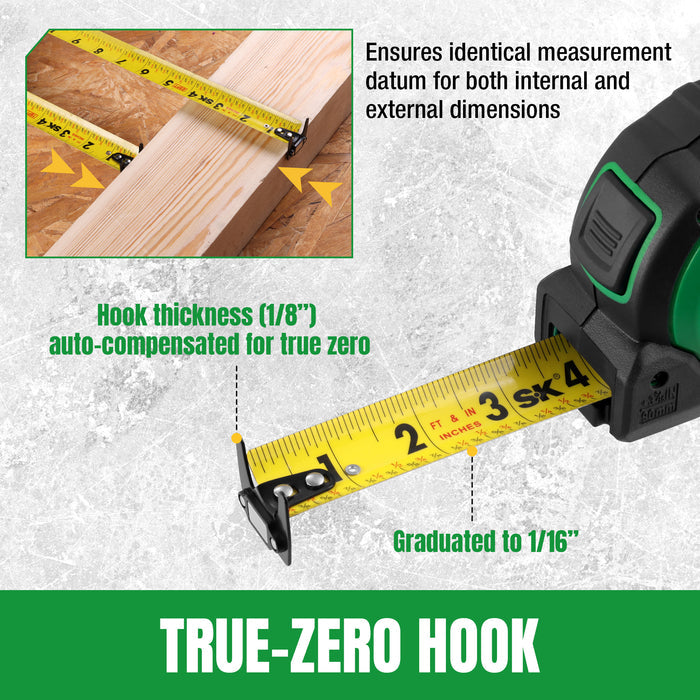 Measuring tape with true-zero hook feature on a textured gray background