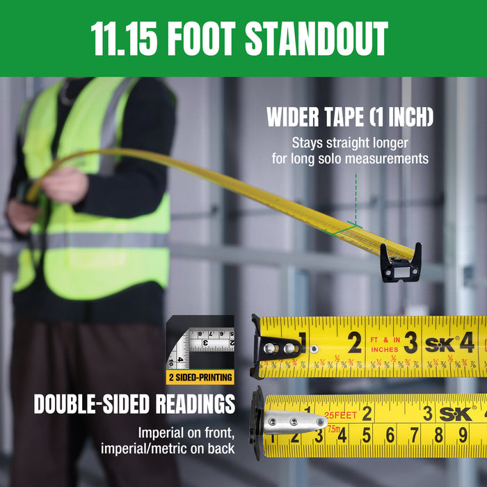 Yellow tape measure with features highlighted, person wearing a high-visibility vest in the background.