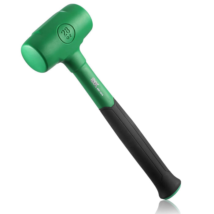 Green mallet with black handle on a white background