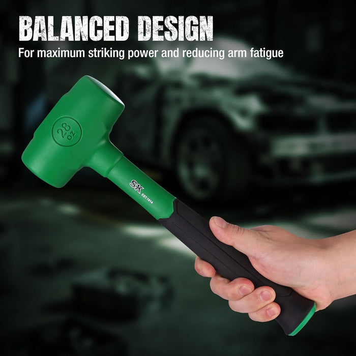 Green hammer with black handle held by a hand, blurred background with text about balanced design.