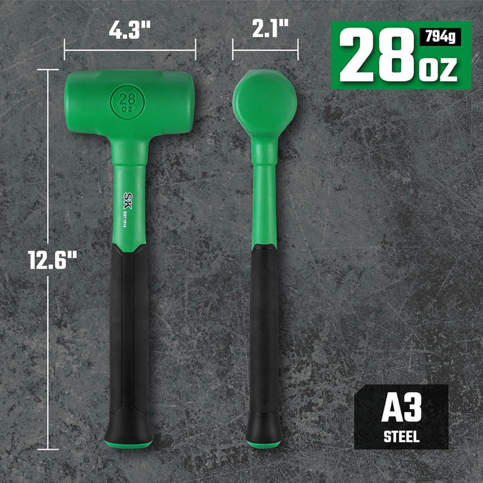 Green hammer with measurements and weight on a gray background