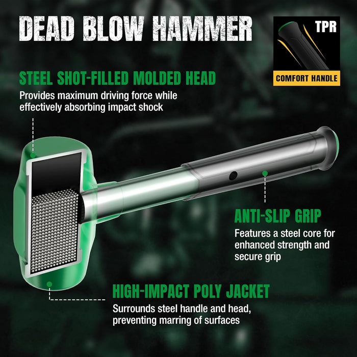 Dead blow hammer with features highlighted on a dark background