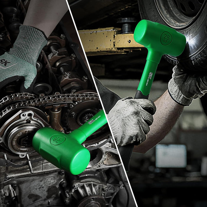 Person working on a car engine with green tools, wearing gloves.