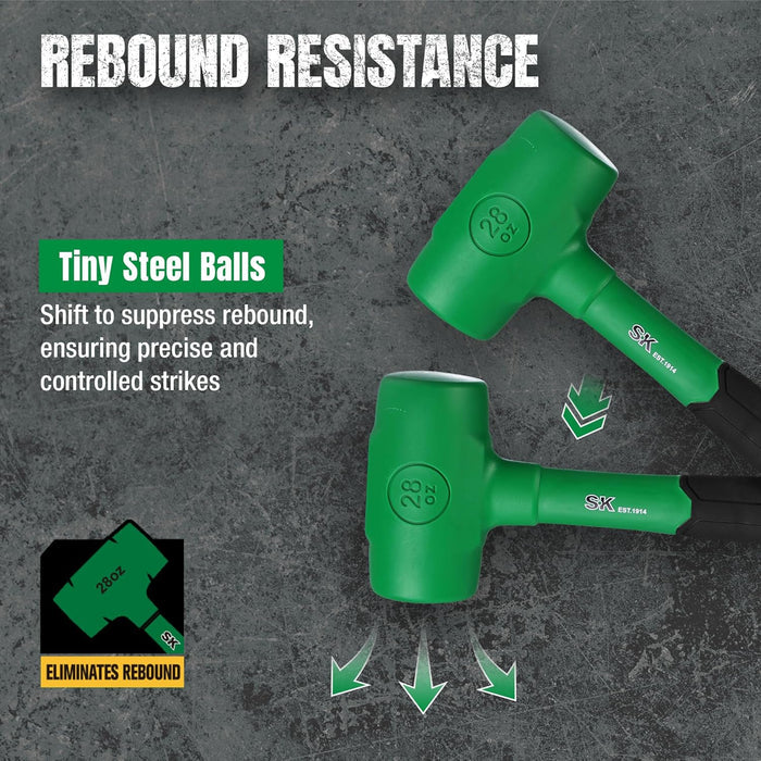 Green hammers with rebound resistance feature on a dark background