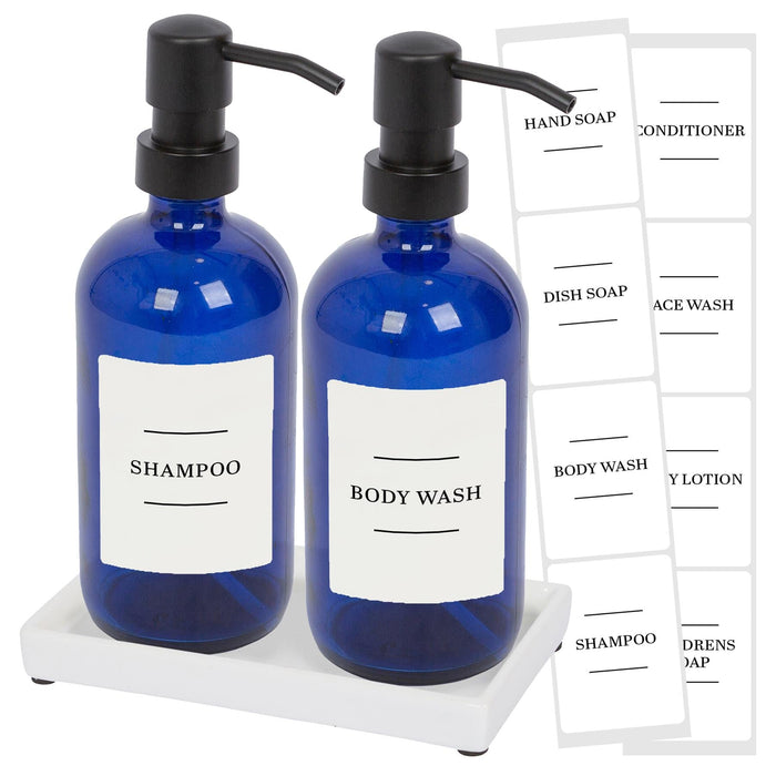 2pc 500ml Blue Glass Soap Dispenser with White Labels & Ceramic Tray