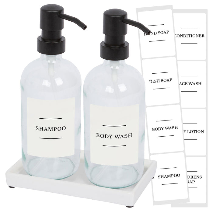 2pc 500ml Glass Soap Dispenser with White Labels & Ceramic Tray