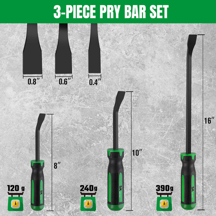 3-Piece Bent Tip Pry Bar Set SK Tools USA, LLC pry bar set black and green, three sizes shown