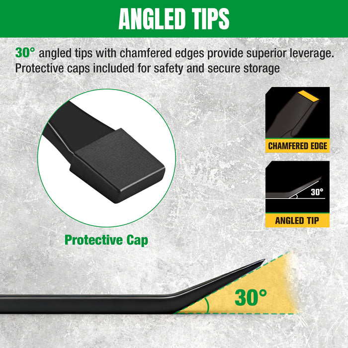 3-Piece Bent Tip Pry Bar Set. #SK03452 SK Tools USA, LLC pry bar set black steel with 30-degree chamfered edge.
