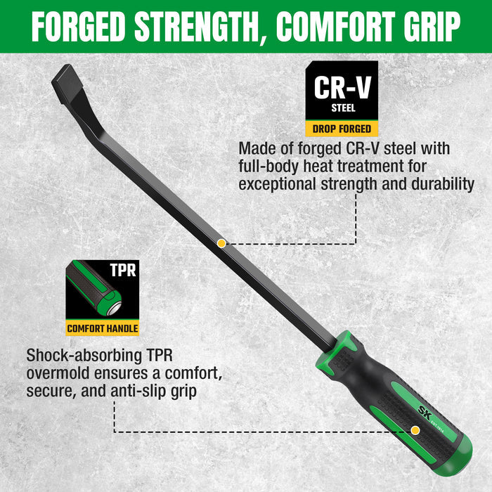 3-Piece Bent Tip Pry Bar Set. #SK03452 by SK Tools USA, LLC pry bar in black steel and green handle, CR-V drop-forged.