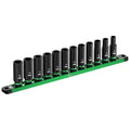 Set of sockets on a green holder with SK logo on a white background