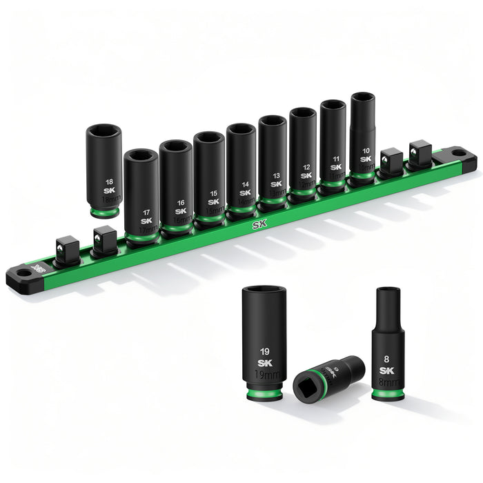 Set of socket tools with a green holder on a white background
