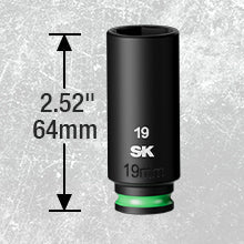 Black socket with measurements and SK logo on a textured gray background