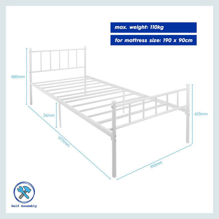 3ft Single Metal Bed Frame - White