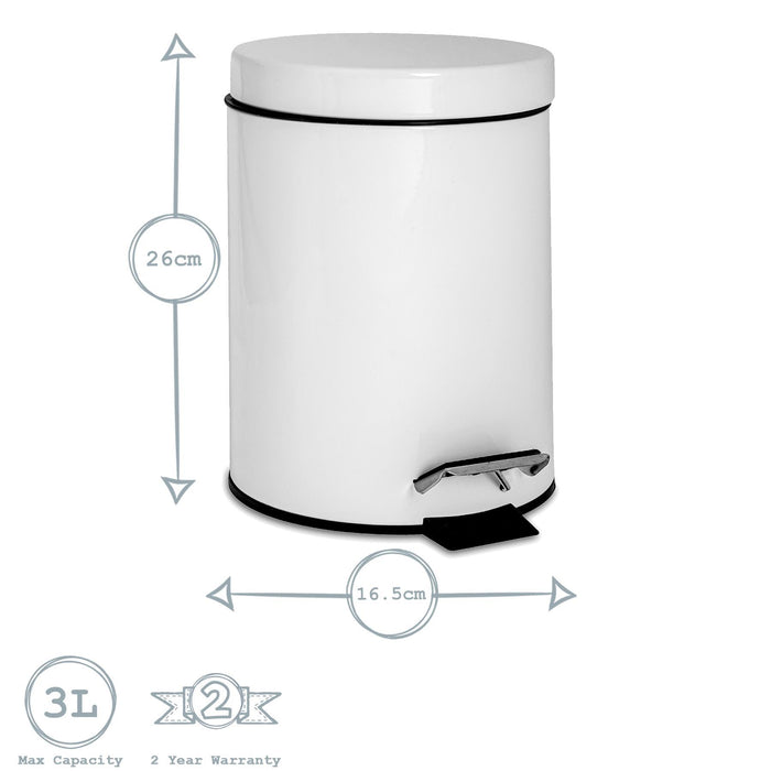 3L White Round Stainless Steel Bathroom Pedal Bin
