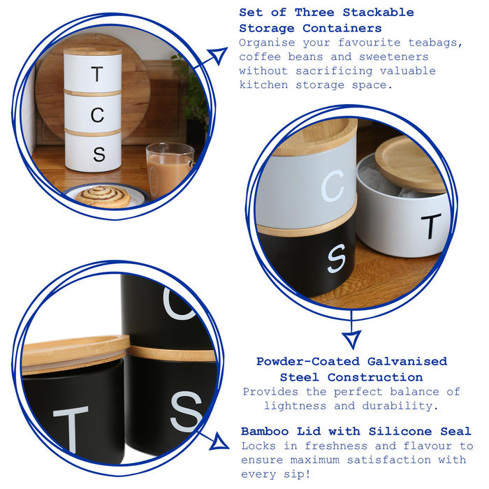 3pc Stacking Tea Coffee Sugar Cream Canister Set with Bamboo Lids