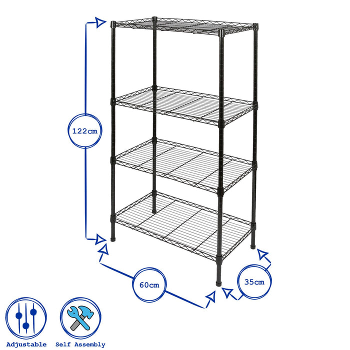 4 Shelf Black Adjustable Wire Shelving Unit