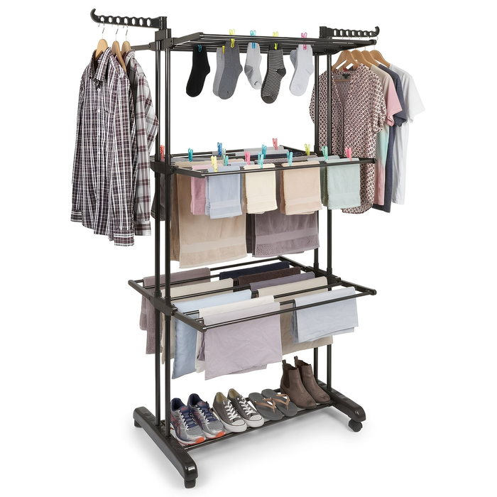4-Tier Folding Metal Wheeled Clothes Airer - Black