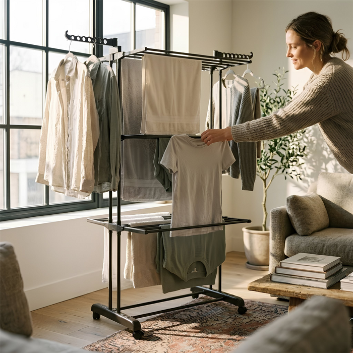 4-Tier Folding Metal Wheeled Clothes Airer - Black