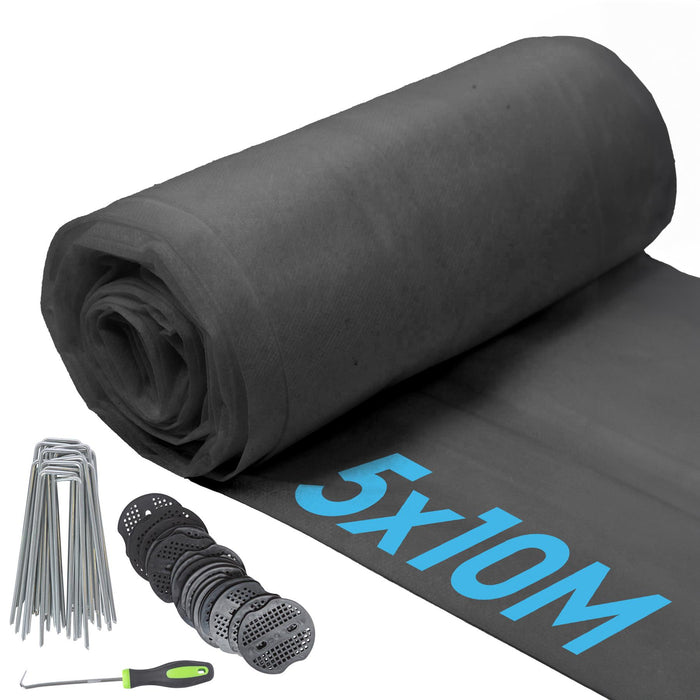50gsm Weed Control Fabric with Pegs & Plates - 5m x 10m Total (5 Rolls)
