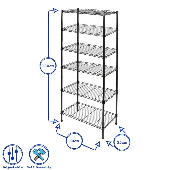 6 Shelf Black Adjustable Wire Shelving Unit