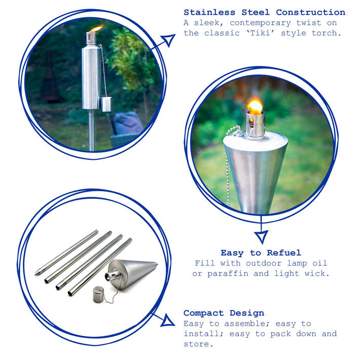 Black 1.46m Stainless Steel Cone Garden Torches - Pack of 2