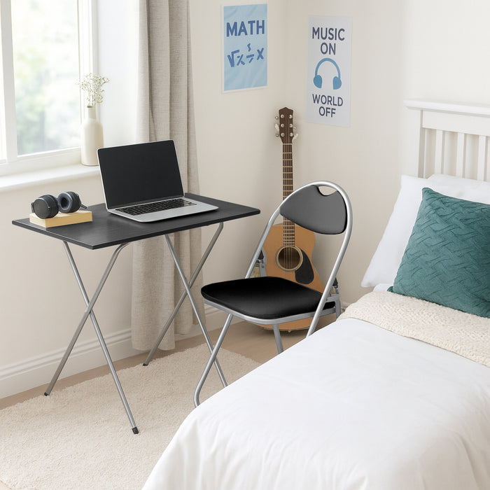 Folding Wooden Desk & Chair Set - Black & Silver