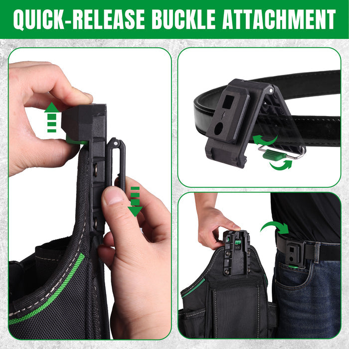 Quick-release buckle attachment being demonstrated on a belt and bag.