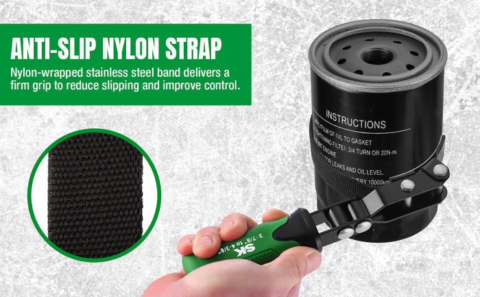 Large Swivel Oil Filter Wrench, #SK01246 by SK Tools USA, LLC oil filter wrench black with green anti-slip nylon strap for firm swivel turning