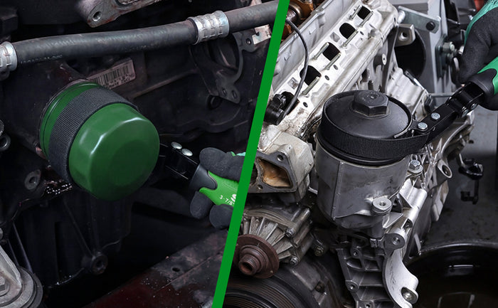 Large Swivel Oil Filter Wrench, #SK01246 SK Tools USA, LLC oil filter wrench with green handle and swivel jaw.