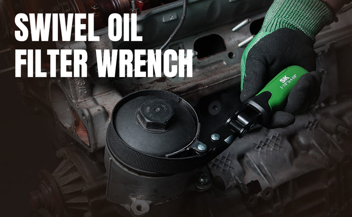 Large Swivel Oil Filter Wrench, #SK01246 by SK Tools USA, LLC, black head with green textured grip for oil filters