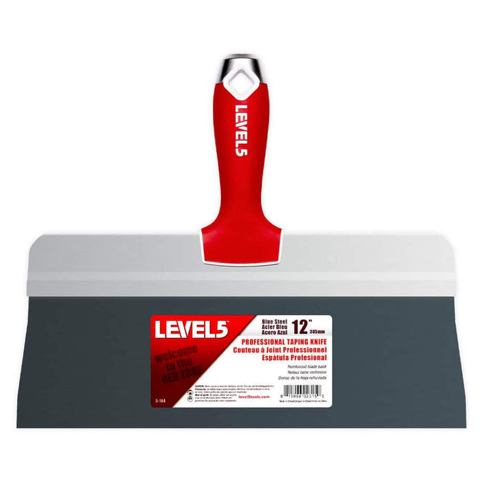 12-inch Level 5 Blue Steel Big Back Taping Knife with a blue steel blade and red soft-grip handle with a metal hammer head