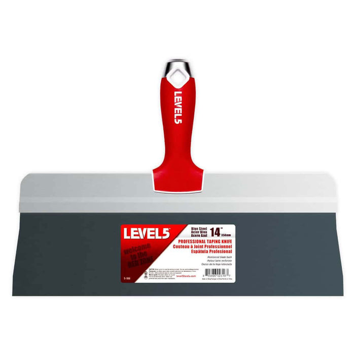 14-inch Level 5 Blue Steel Big Back Taping Knife with a blue steel blade and red soft-grip handle with a metal hammer head